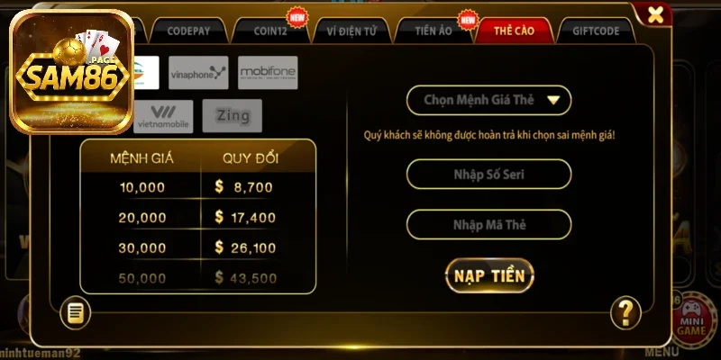 Nạp Tiền Sam86 - Chi Tiết Các Phương Thức Đơn Giản Nhất 2 Gửi tiền nhanh thông qua thẻ cào
